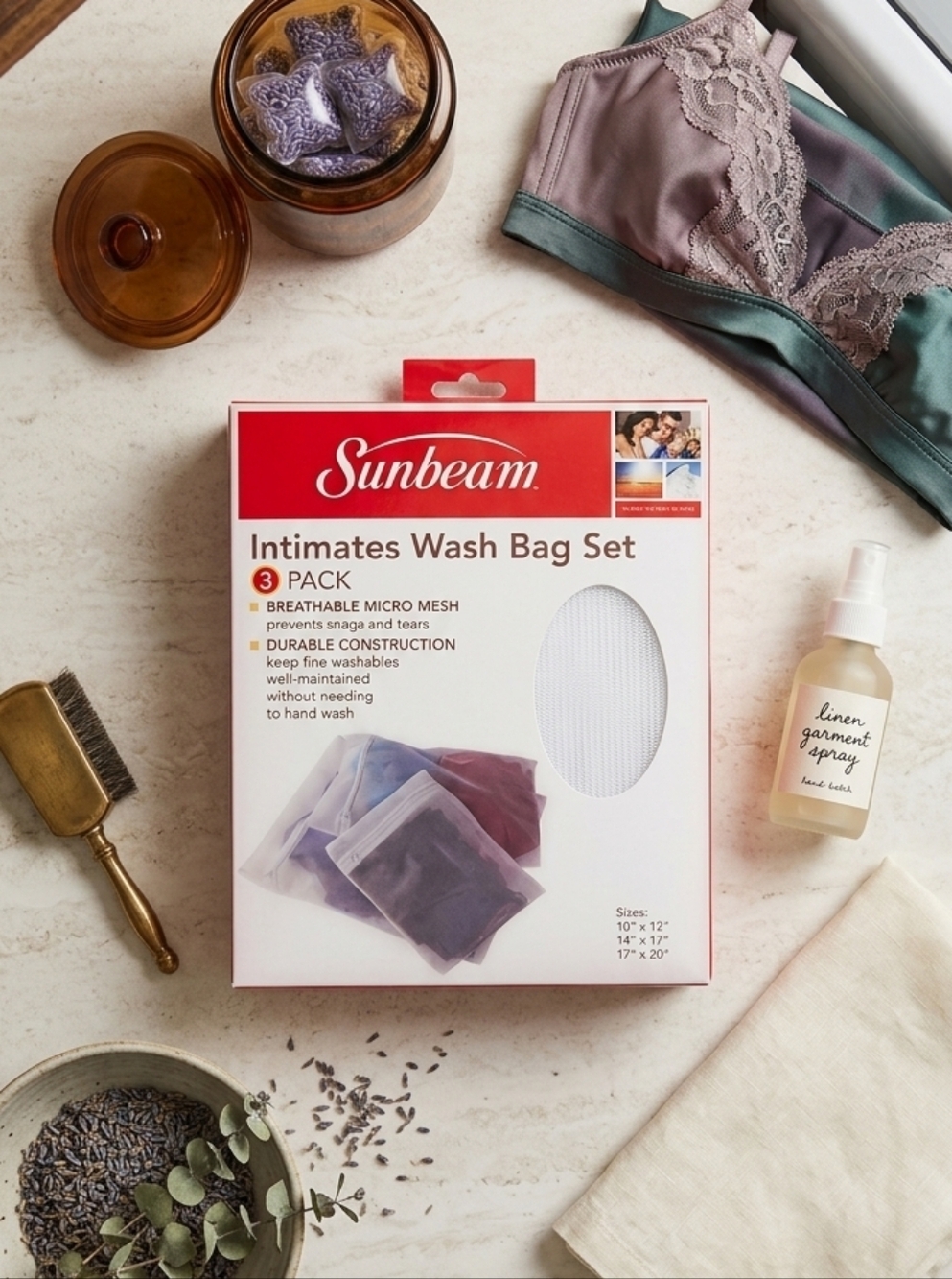 NIP Sunbeam Intimates Wash Bag Set - 3 Pack Breathable Micro Mesh